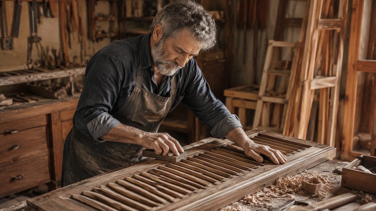 Restauro di una porta in legno con pannelli in laboratorio