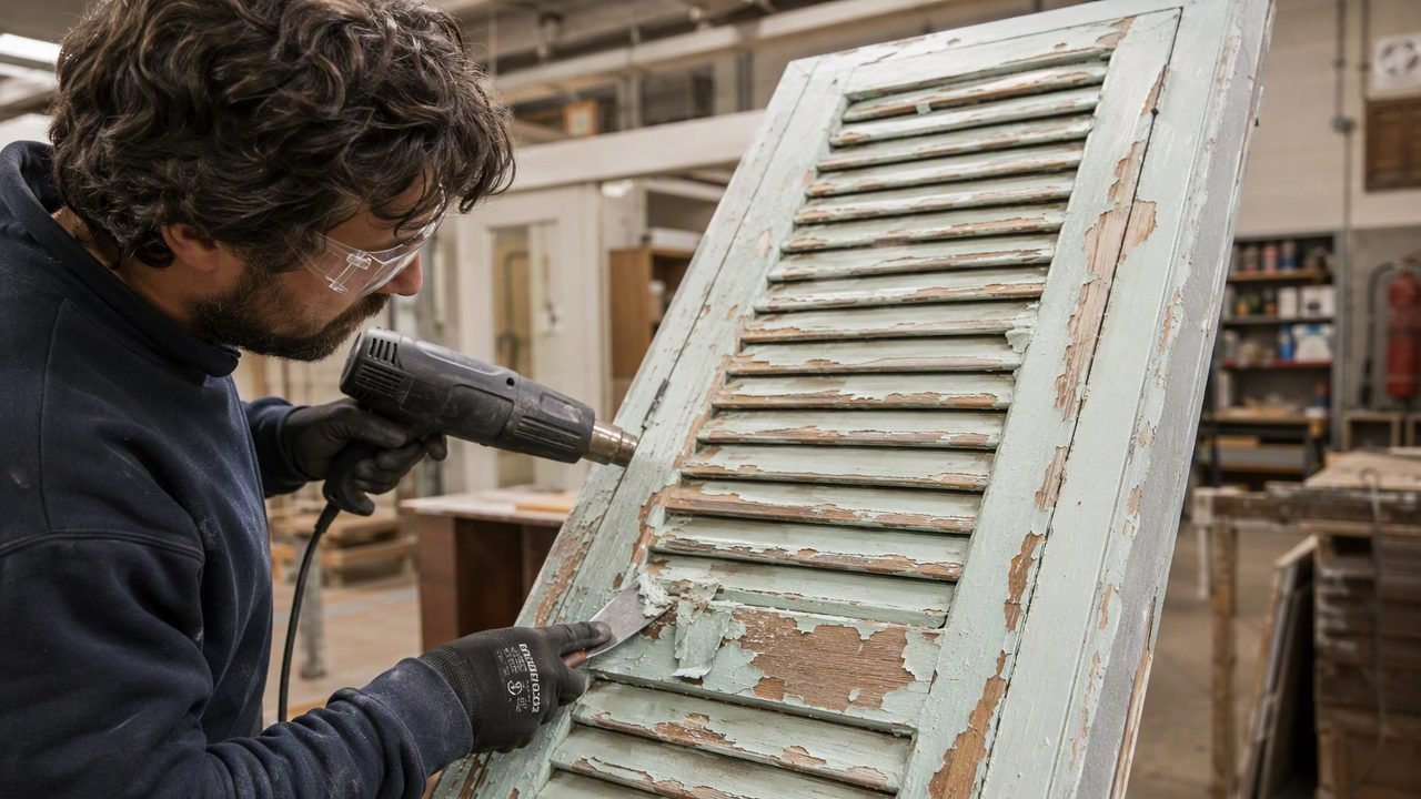 Sverniciatura ad immersione di persiane in legno in laboratorio